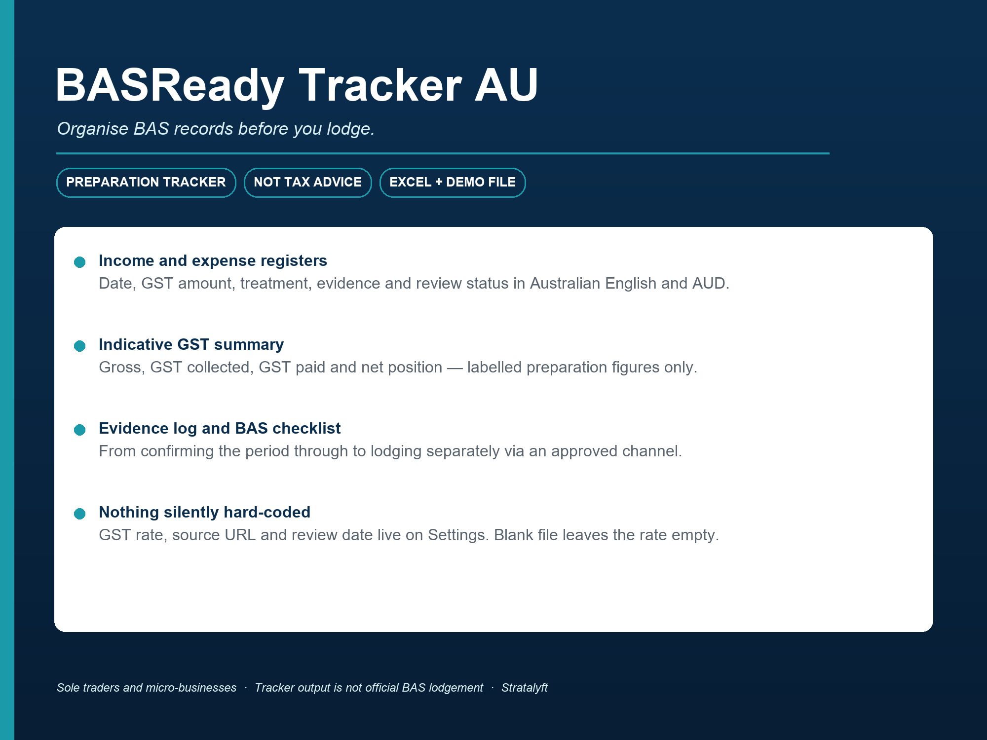 BASReady Tracker AU preparation tracker preview showing income, expense, GST evidence and BAS checklist functions
