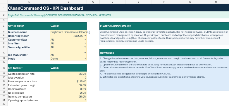 CleanCommand OS Excel dashboard setup view showing structured operational template sheets and layout