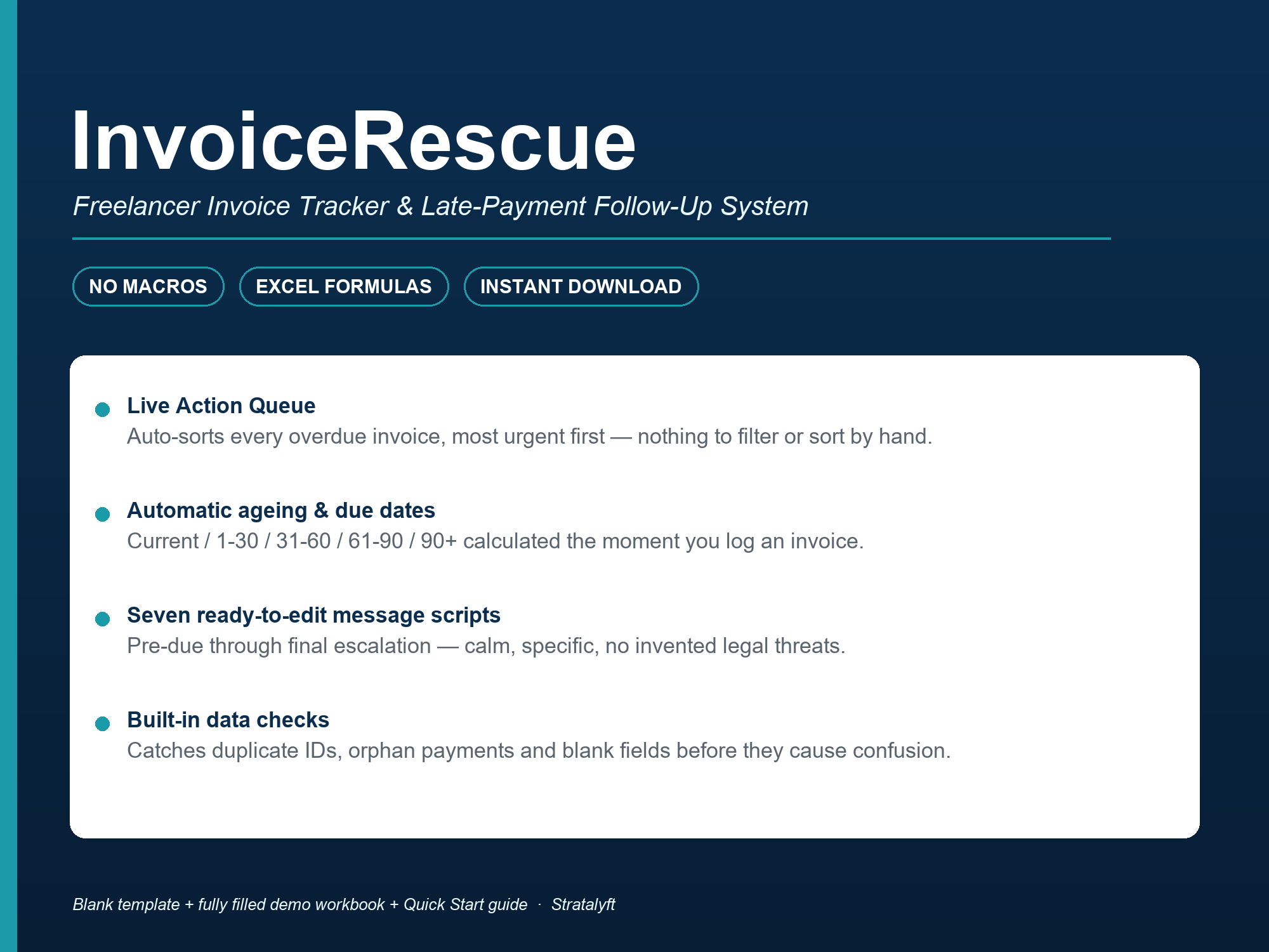 InvoiceRescue Excel invoice tracker product overview with workbook dashboard previews
