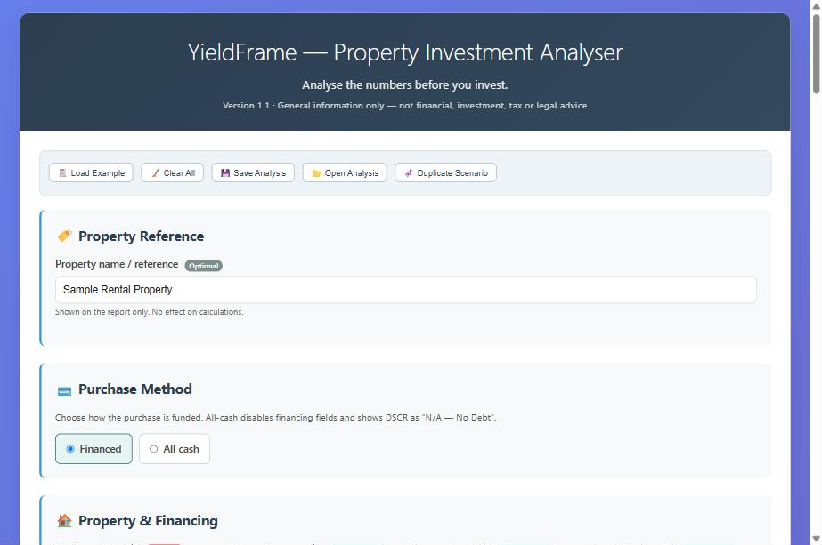 YieldFrame interface showing property investment analysis calculator with scenario comparison inputs and results